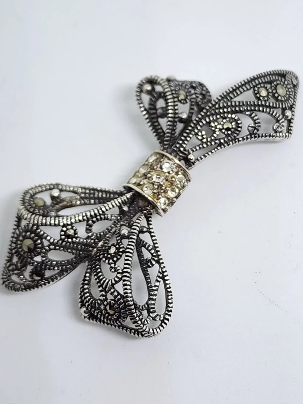 Vintage Sterling Silver Rhinestone and Marcasite Accent Bow Pin Brooch